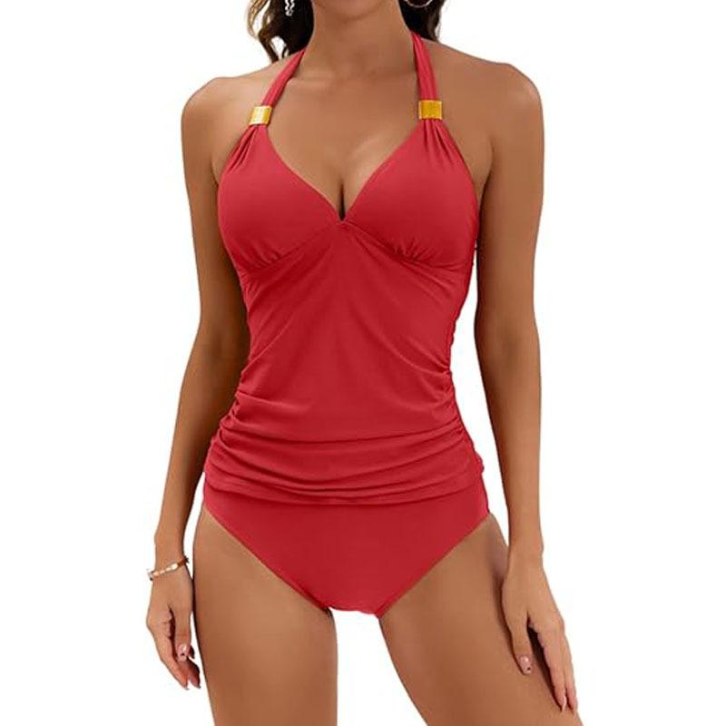 Women's Pure Color Halter Split Strap Belly Contracting Two Piece Swimsuit V-neck Swimsuit with Shorts