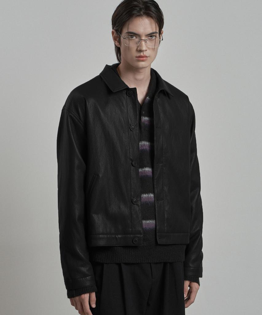 WORK ON BODY OFF Epure Regular Fit Button Leather Jacket [Black]