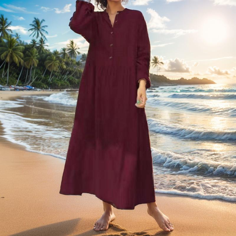 Summer Women Loose Dress Cotton Linen Dress Plian Long Maxi Dress Kaftan