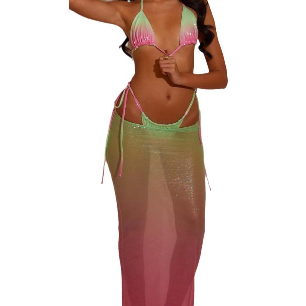 Трендовый градиентный женский купальник-трикини из трех частей с треугольными плавками на завязках