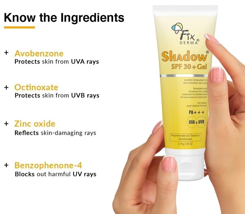 Fixderma Shadow Солнцезащитный гель SPF 30+ Для всех типов кожи, Защита PA+++, UVA UVB 75г
