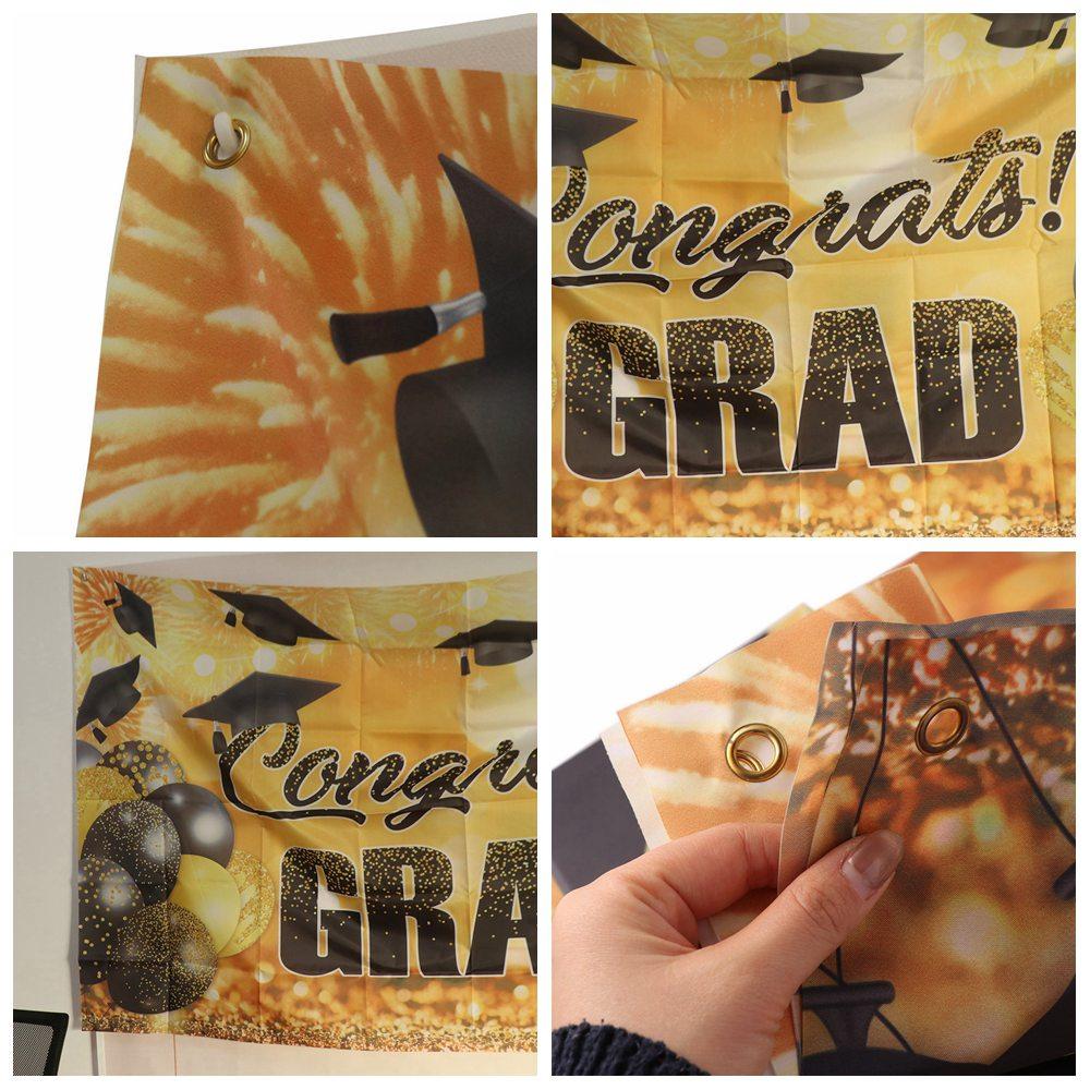 Congrats Grad Graduation Photography Backdrop Bachelor Hat Black Gold Glitter Happy Graduation Banner Celebrate Polyester