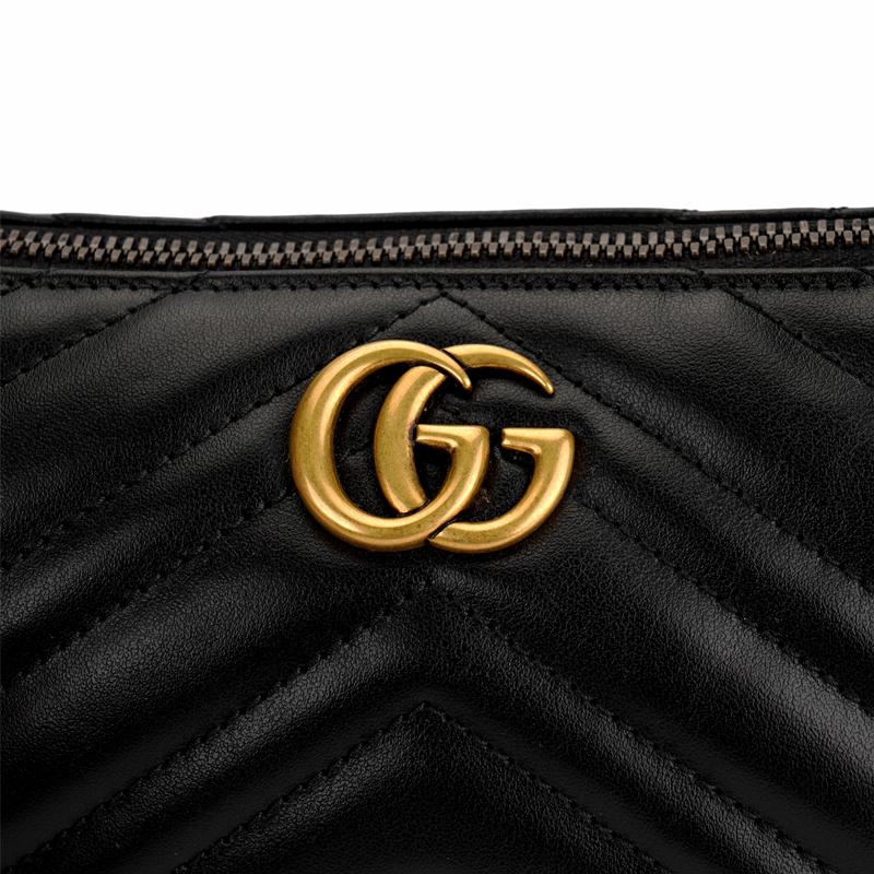 Gucci Gg Marmont Double G Logo Herringbone Quilted Leather Handheld Shoulder Bag For Women Black