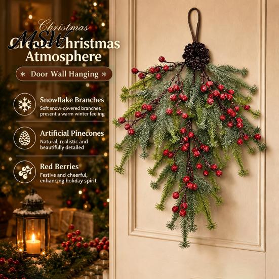 Indoor Wall Door Decorations Upside Down Christmas Tree Hanging Decor, Pinecone Berry Wreath with Flocked Red Pine Cone Snow Tips, Rustic Ornament for