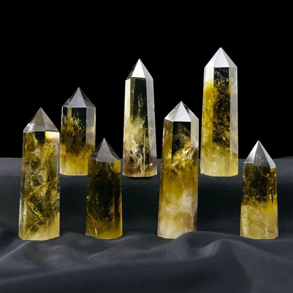 Unique Natural Crystal Beautiful Yellow Gem Home Decor Hexagonal Wand Column Energy Stone Pyramid
