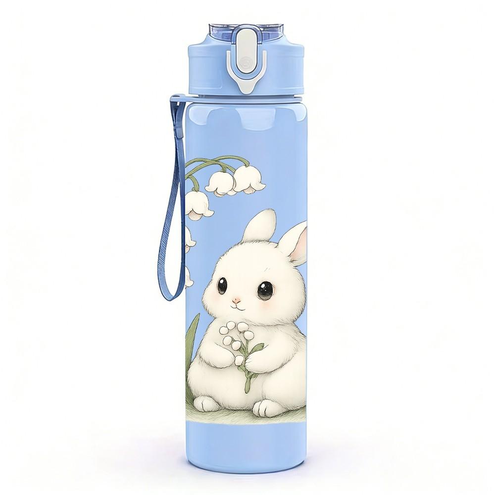 1PC White Lily And Cute Rabbit 750ml Color Plastic Sports Water Bottle Leakproof Flip Straw Lid Suitable for Sports Office Home Use