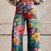 Yousheng Women Retro Pants High Waist Button Zipper Fly Pockets Long Trousers Digital Floral Print Casual Pants Distressed Straight Wide Leg Pants