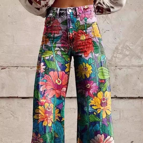 Yousheng Women Retro Pants High Waist Button Zipper Fly Pockets Long Trousers Digital Floral Print Casual Pants Distressed Straight Wide Leg Pants