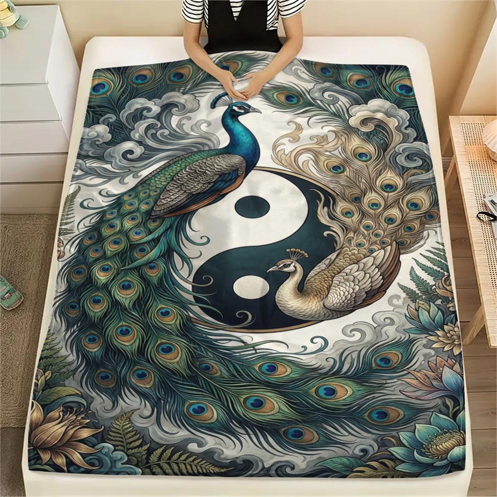 1Pc Peacock Print Flannel Blanket, High quality Comfortable for All Seasons, Home Decor, Warmth and Comfort, Perfect for Christmas Gifts W119