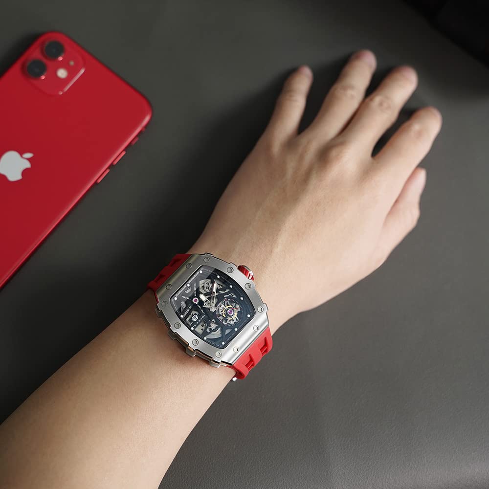 Часы TSAR BOMBA Business 50M Водонепроницаемые скелетонированные часы Стильные наручные часы из нержавеющей стали с циферблатом-бочкой для мужчин Светящийся японский механизм Красный силикон