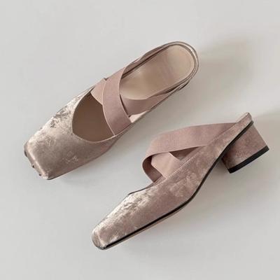 Французские тапочки женские летние 2025 новые туфли мюли с перекрестными ремешками на среднем каблуке в ретро национальном стиле с закрытым носком полутапочки женские