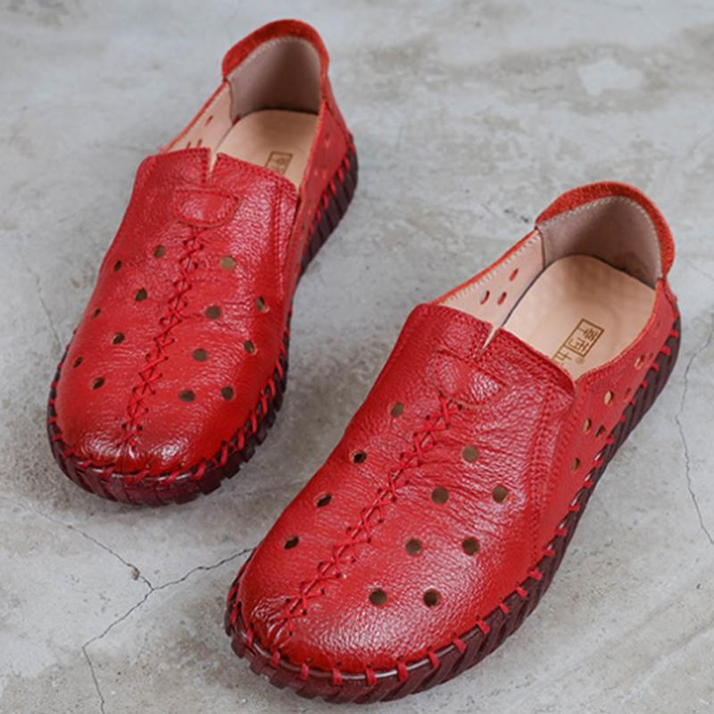 Summer Genuine Leather Shoes New Fashion Women Shoes Woman For Mom Women's Flats Comfortable Handmade Pregnant Hole Sandals Shoes