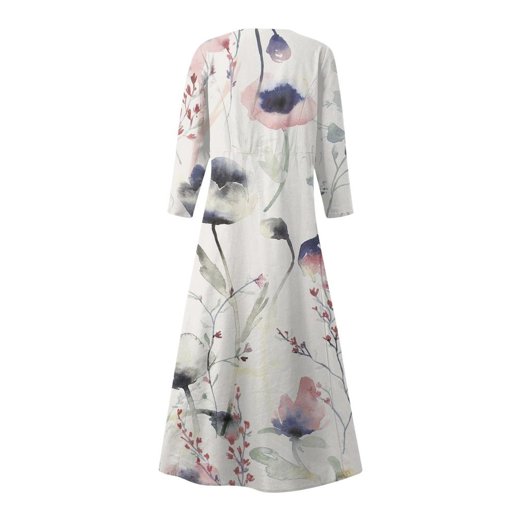 Women's Fashion Casual Print Round Neck 3/4 Sleeve Loose Pocket Dress