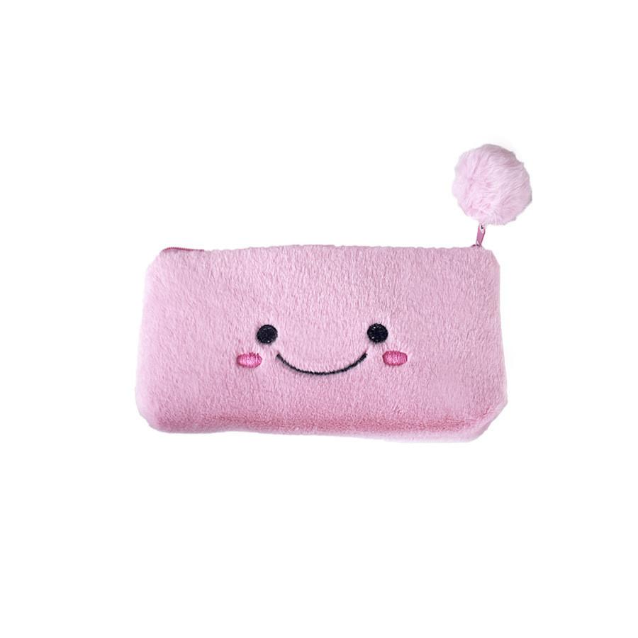 Pink Smiling Cute Pom Large Capacity Pencil Case Plush Storage Bag For Students