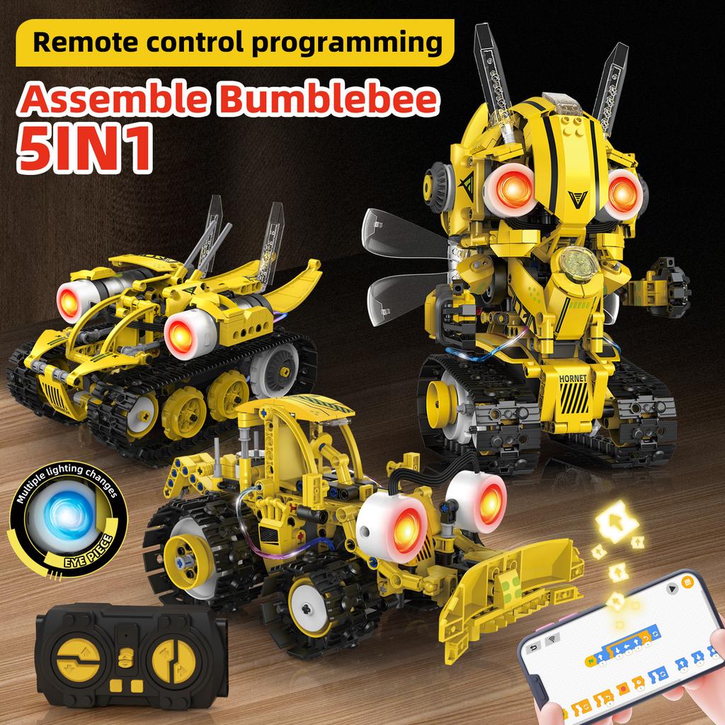 Конструктор 5-в-1 Электрический RC Интеллектуальный Экран Светодиодный Робот-Истребитель Внедорожник Бульдозер Модель DIY Строительный Блок Детская Игрушка