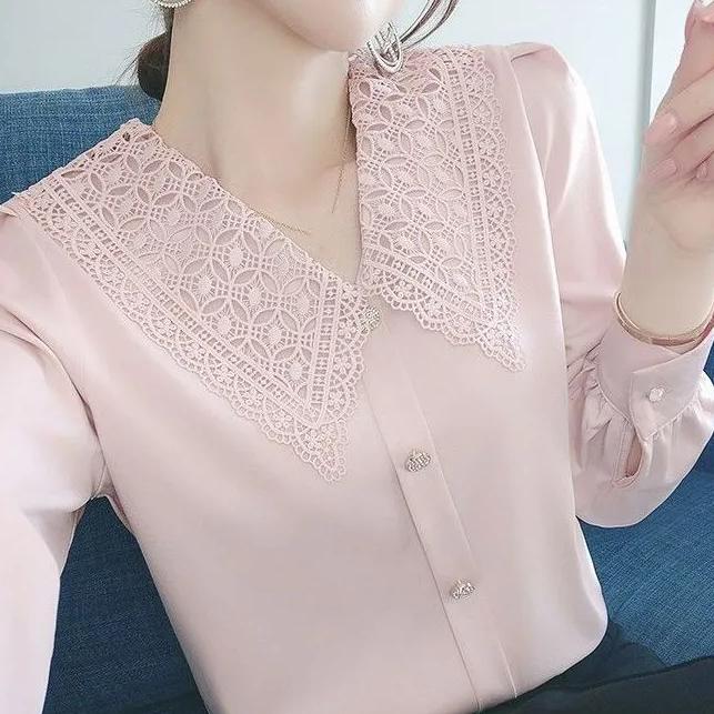 WTEMPO Элегантные однотонные шифоновые рубашки большого размера, женские кружевные лоскутные топы с V-образным вырезом и длинными рукавами на пуговицах