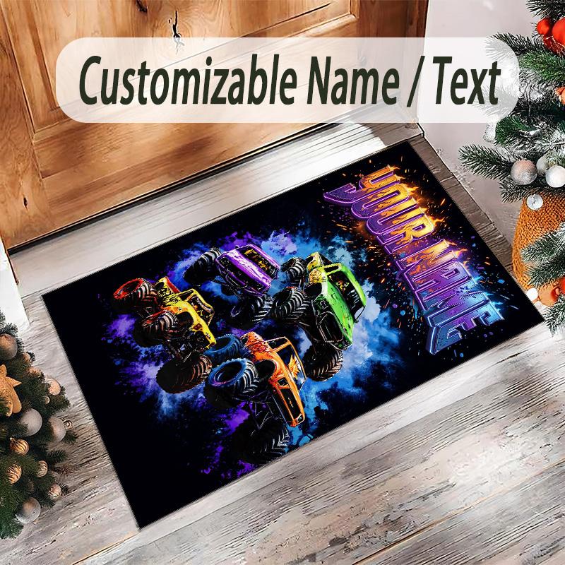 Monster Truck Theme Crystal Velvet Rug Personalized Custom Name Text Soft Floor Mat Home Decor