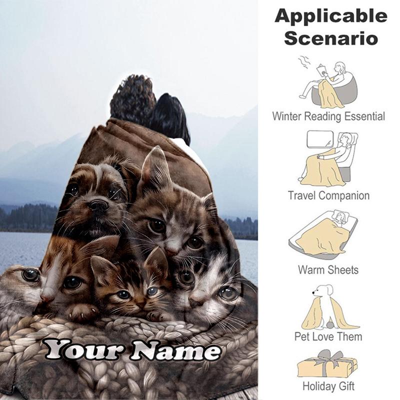 1PC Custom Name Kittens Puppies Together flannel blanket versatile, all-season throw suitable for the living room, bedroom, camping, travel, and gift