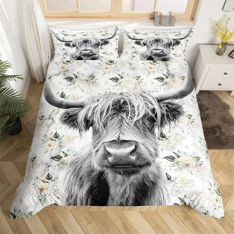 Пододеяльник с изображением коровы Хайленд, King Queen, вестерн, фермерское животное, комплект постельного белья из микрофибры с изображением быка и крупного рогатого скота с цветочным рисунком для детей и подростков
