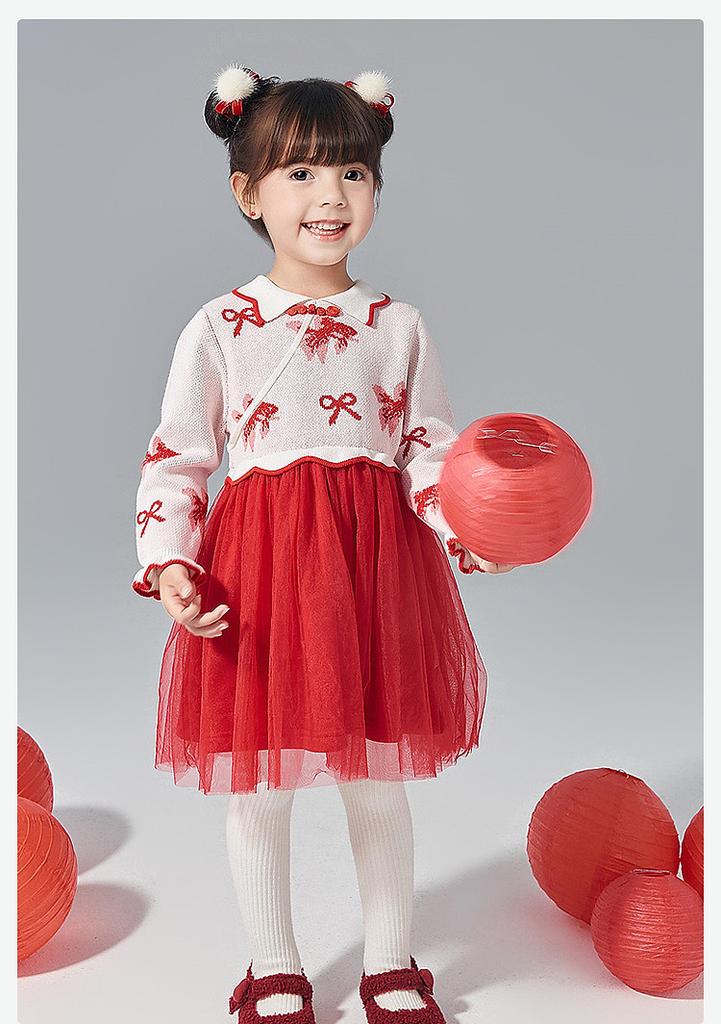National Style Bow Splicing Mesh Dress for Infants and Girls