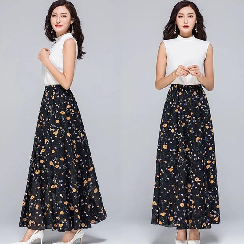 Шифоновая юбка женская с цветочным принтом средней длины с высокой талией тонкая ретро большая распашная юбка трапециевидной формы для танцевального темперамента пляжная юбка весна-лето