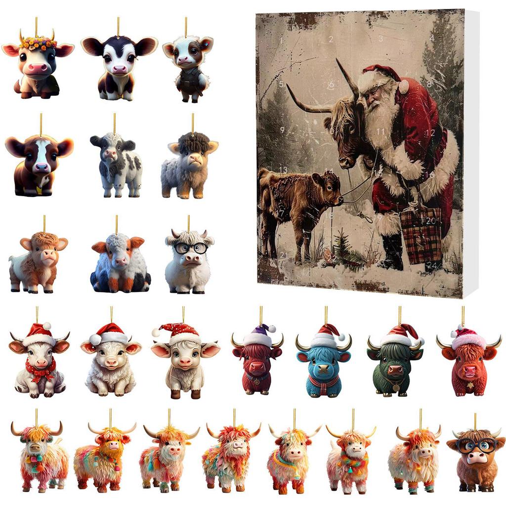 Christmas Advent Calendar Highland Cow Christmas Countdown 24pcs Christmas Tree Highland Cow Pendants Ornament 2D Flat Gift