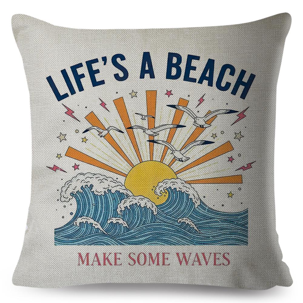 Tropical Island Pillow xcm Rainbow Wave Sunset Design Cotton Linen Blend Cover Soft Decor Cushion Car Sofa Desk Gift