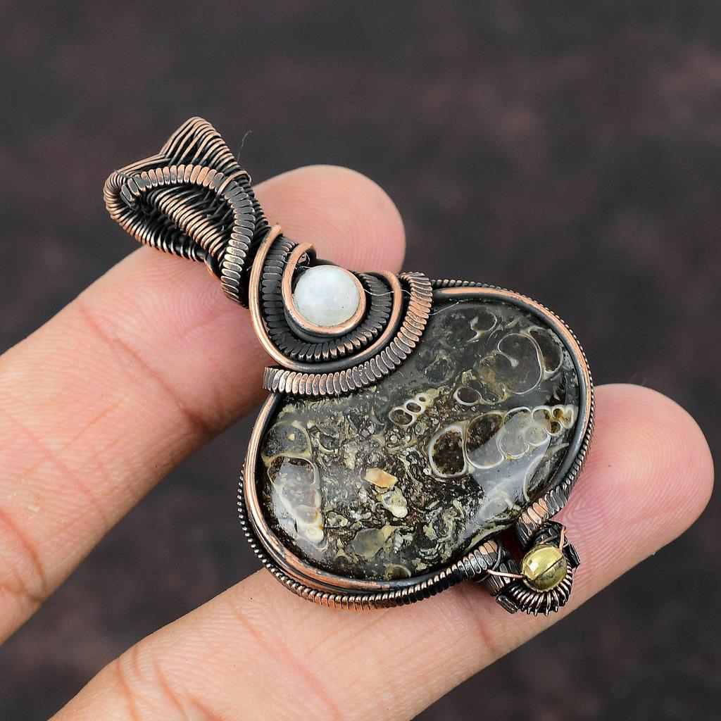 Подвеска из агата Turritella, подвеска из медной проволоки, подвеска из лунного камня, ювелирное изделие ручной работы, подвеска из драгоценного камня, медное ювелирное изделие, подарок для мамы
