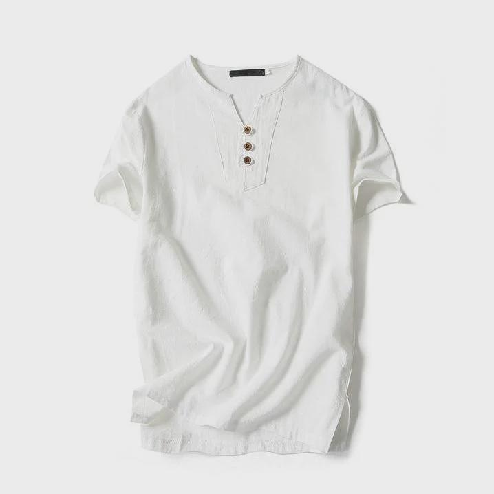 Men's Solid Color V-Neck Cotton Linen Short Sleeve T-Shirt with Buttons