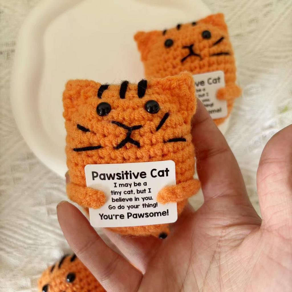 Positive Energy Cat Hug Pocket Doll Mini Handmade Plush Wool Knitting Doll With Card Funny Christams Gift Home Room Decoration