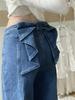 Y2k Bow Pleat Women Flared Jeans Pants Wide Leg Straight High Waist Woman's Denim Trousers Dragging Distressed High Street Pants