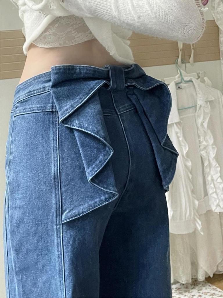 Y2k Bow Pleat Women Flared Jeans Pants Wide Leg Straight High Waist Woman's Denim Trousers Dragging Distressed High Street Pants
