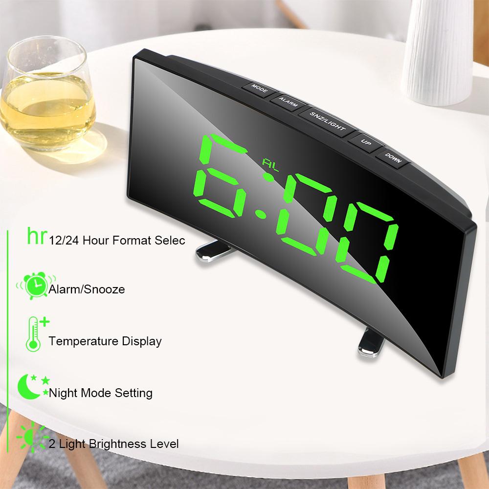 LED Screen Digital Alarm Clock Curved Dimmable Mirror Clock 7 Inch For Kids Bedroom