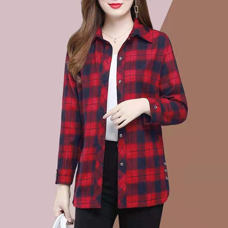 Women's Spring and Autumn Large Size Casual Plaid Shirt Standing Collar Cotton Shirt Office Shirt