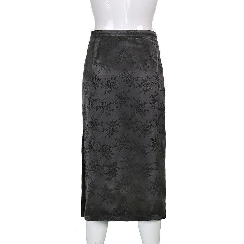 Женские черные длинные юбки, винтажная атласная юбка с цветочным принтом, женские юбки с высокой талией и разрезом по бокам, летние повседневные наряды