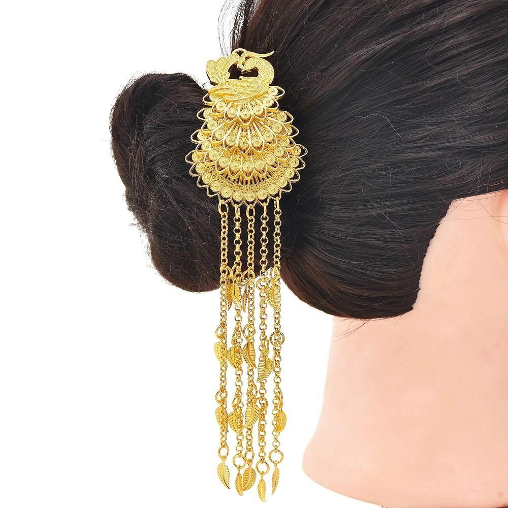 Headdress Ethnic Hair Sticks Women Hair Fork Long Chain Peacock Hair Sticks Chinese Hairpins