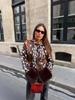 Women's Vintage Cheetah Print Faux Fur Coat Stand Collar Single-Breasted Waist-Tight Fuzzy Jacket