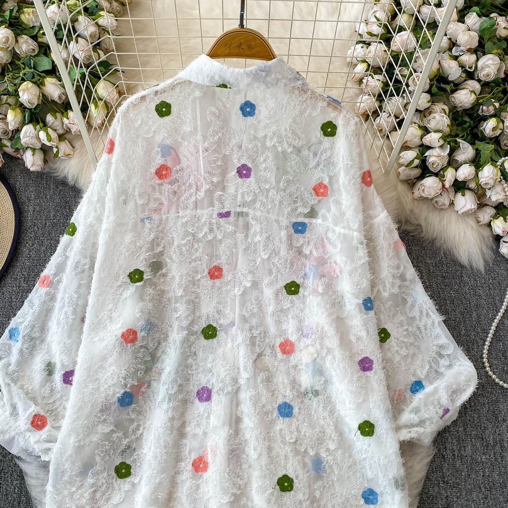 Премиальная рубашка с лацканами и рукавами-фонариками, украшенная бриллиантовыми пайетками в виде цветов, женская летняя милая, омолаживающая, свободная, с бахромой