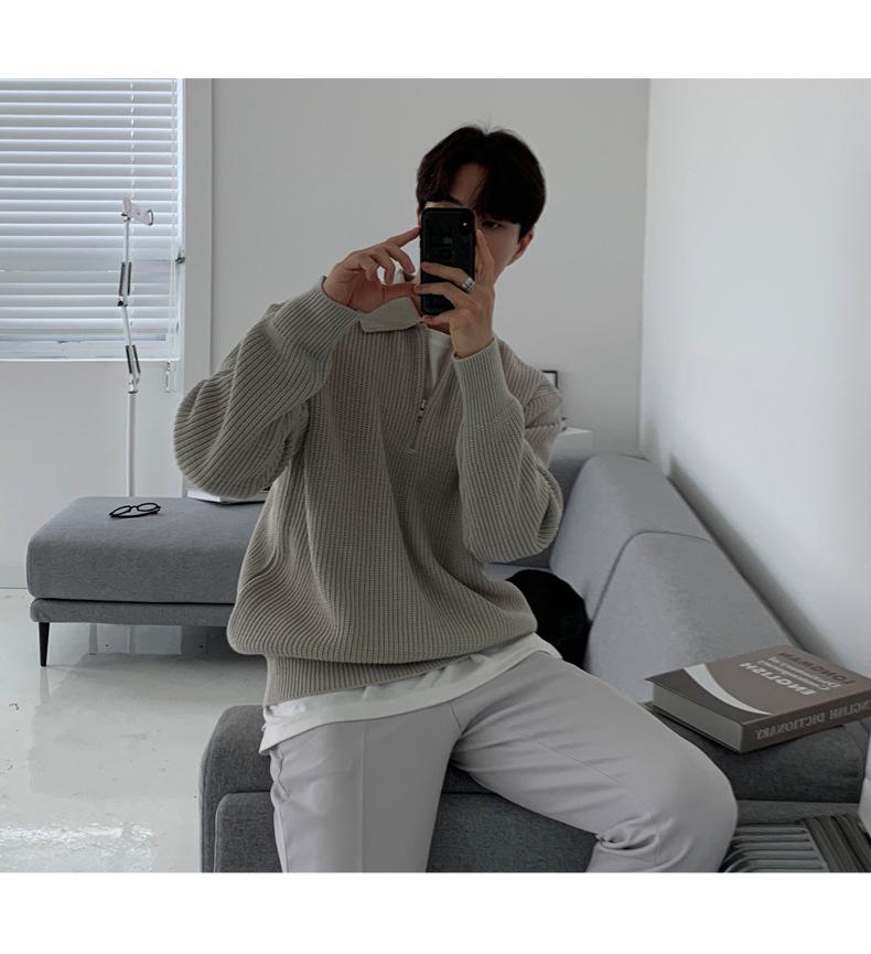 Men's Retro Korean Half-Zip Lapel Sweater - Loose Fit, Autumn/Winter Style Casual Trend
