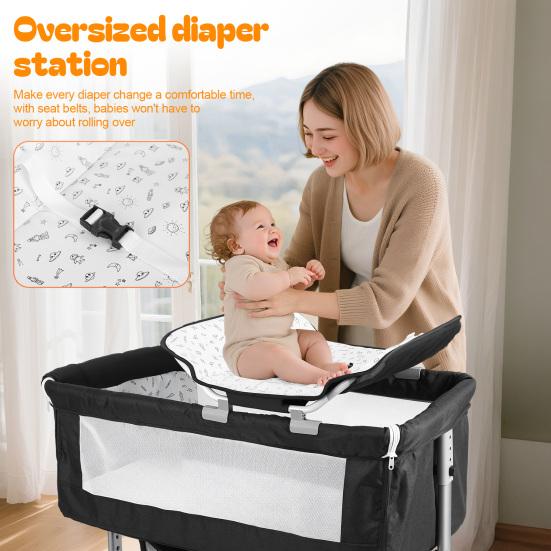 Bedside Crib 4-In-1 Multi-function with Changing Table, 6 Levels Height Adjustable Baby Bed Basket & Mosquito Net, Portable Newborn Infant