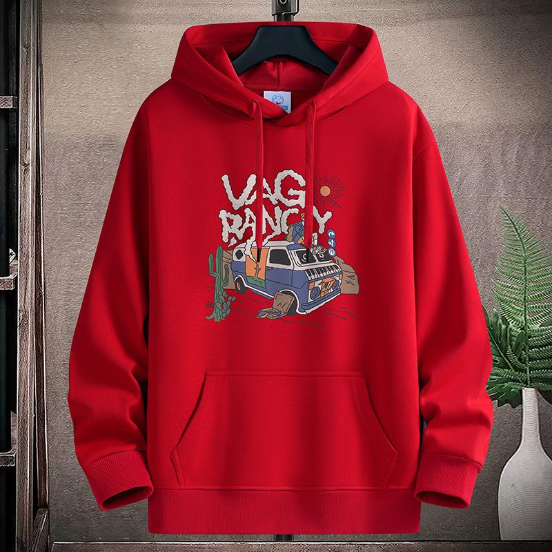 Wagon Pattern Large Size Men Fleece Hoodie Loose Hooded Sportshirt Boys Pullovers