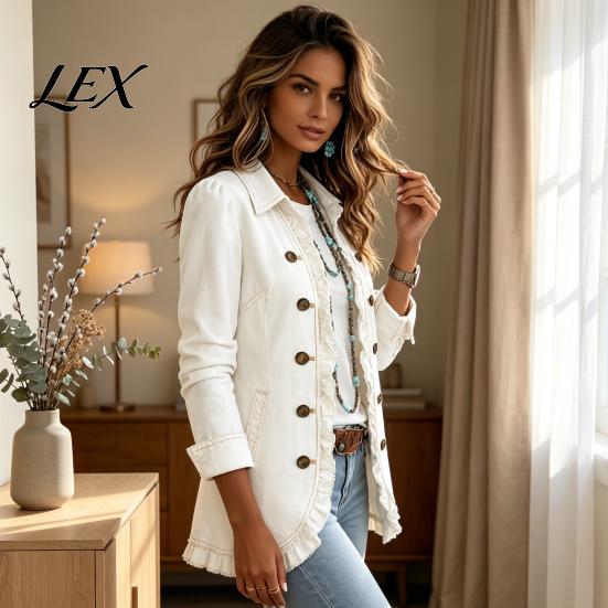 Comfortable Casual Outerwear Women Bohemia Floral Jacket, Turndown Collar Ruffled Open Front Coat, Blazers with Pleats Slim Fit Long Sleeve