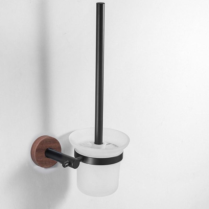 Black Toilet Brush Holder Set Wood Aluminum Wall Mounted Antique Lavatory Bathroom Durable Glass Cup WC Brush Rack Shelf Kit