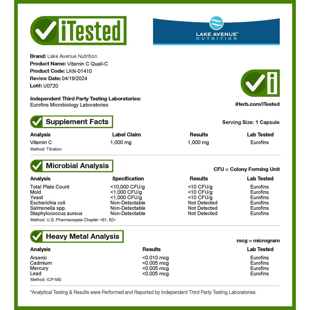 Lake Avenue Nutrition, Витамин С, Quali-C, 1000 мг, 365 растительных капсул