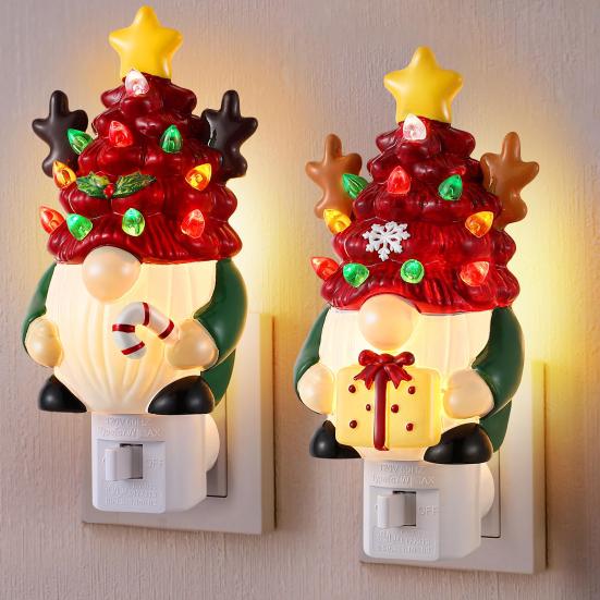 Christmas Gnome Night Light Resin Faceless Dwarf Xmas Tree LED Night Light with Multicolor Bulbs And On/Off Switch for Home Bathroom Bedroom Decor