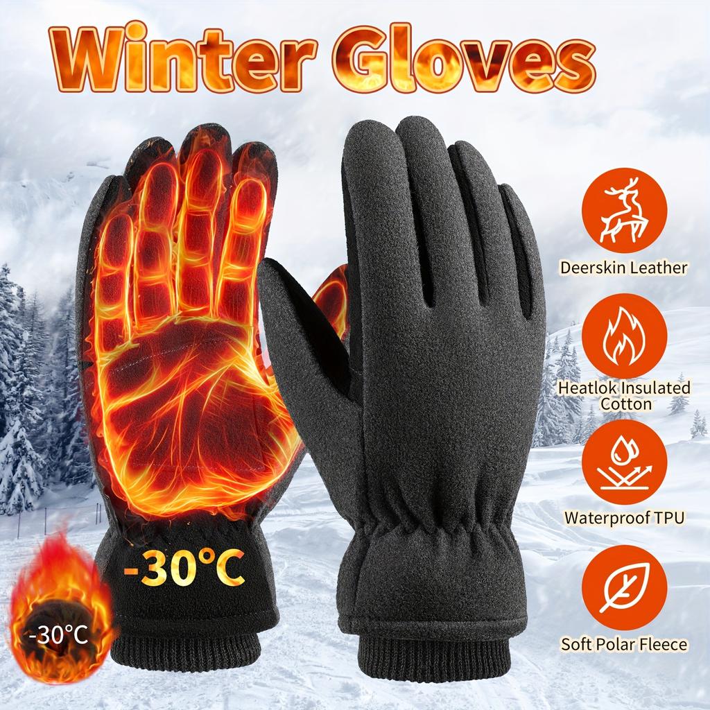 Winter Gloves -30°F Cold Proof Deerskin Suede Leather Insulated Water-resistant Windproof Thermal Glove For Driving Hiking Snow Work
