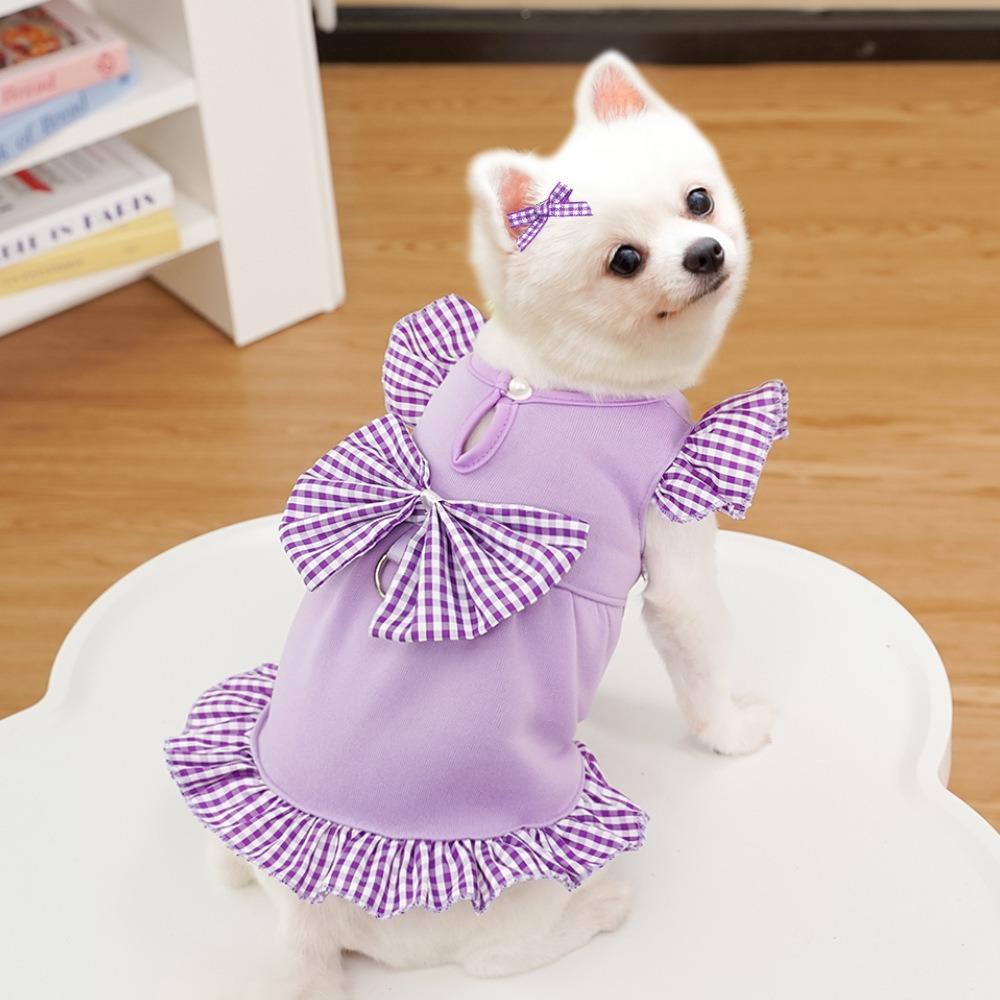 Polyester Summer Dog Skirt Bow Plaid Pet Clothing Trendy Puppy Princess Dress for Cats Kitten