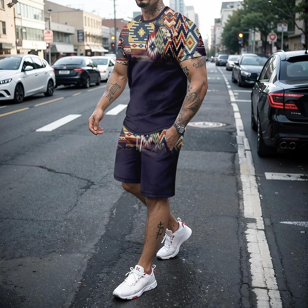 Мужской комплект летней одежды для отдыха из двух предметов с цветными блоками, мужская футболка с короткими рукавами с цифровым принтом и шорты на шнурке с карманами