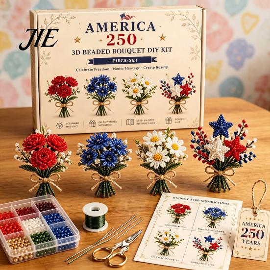 Mini Flower Bouquet Craft America 250 Beaded DIY Kit, 4th of July Patriotic Fantasy Art Kit Handmade Set, 1776-2026 Independence Day 3D Making