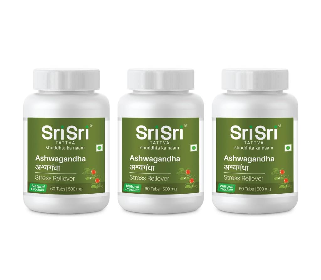 Sri Sri Tattva Ashwagandha 60 Tablets 500 mg Herbal Wellness Supplement For Daily Vitality Focus Balance Pack Of 3